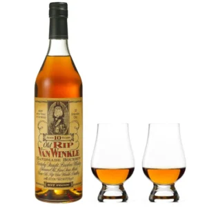 Old Rip Van Winkle 10 Year Bourbon and Glencairn whiskey glass collectible gift set. stranahan's whiskey