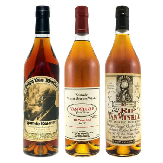Pappy Van Winkle collectible bourbon bundle with 10 Year, 12 Year Lot B, and 15 Year bottles. dalmore whiskey