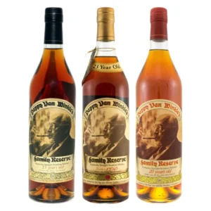 Pappy Van Winkle collectible bourbon bundle with 15 Year, 20 Year, and 23 Year bottles. gold bar whiskey