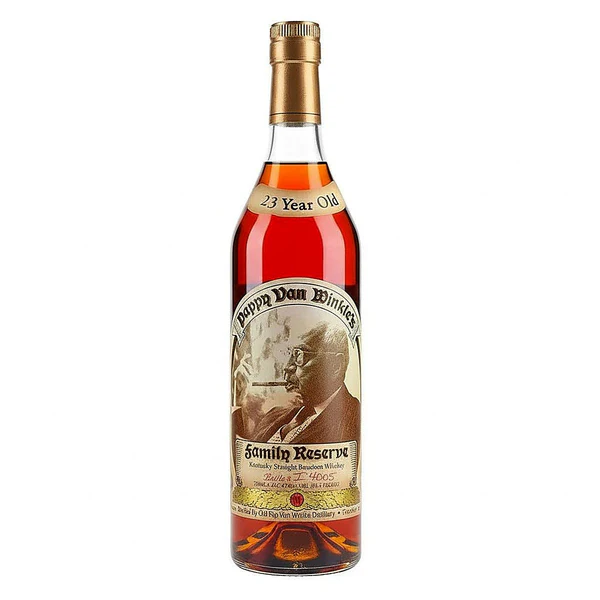 Pappy Van Winkle's 23 Year Old collectible bourbon whiskey bottle. evan williams whiskey