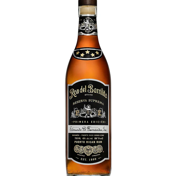 Ron del Barrilito 5 Stars Primera Edición Reserva Suprema premium aged rum bottle. george jones tennessee whiskey
