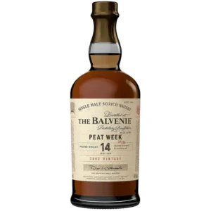 The Balvenie Aged 14 Years Peat Week 750ml peated Speyside single malt Scotch whisky bottle. glencairn whiskey glass