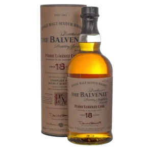 The Balvenie Pedro Ximénez Cask 18 Year Old sherry cask Speyside single malt Scotch whisky bottle. whiskey wings