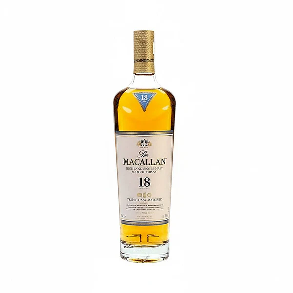 The Macallan 18 Year Old Triple Cask Matured premium collectible single malt Scotch whisky bottle. elijah craig 18 year bourbon whiskey