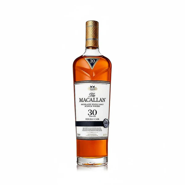 The Macallan 30 Year Old Double Cask collectible single malt Scotch whisky bottle. traveler whiskey