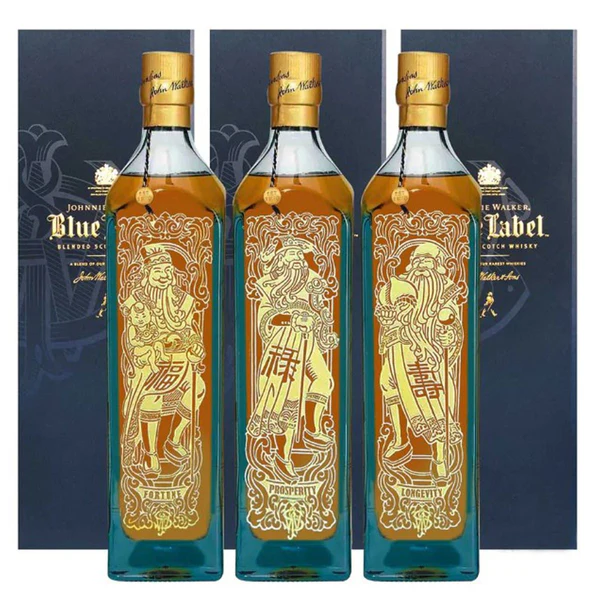 Johnnie Walker Blue Label Fu Lu Shou Set premium Scotch whisky gift collection. buffalo trace bourbon cream