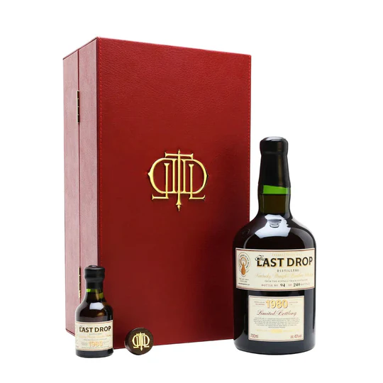 The Last Drop 1980 premium collectible vintage whisky bottle. woodford reserve bourbon whiskey